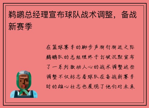 鹈鹕总经理宣布球队战术调整，备战新赛季